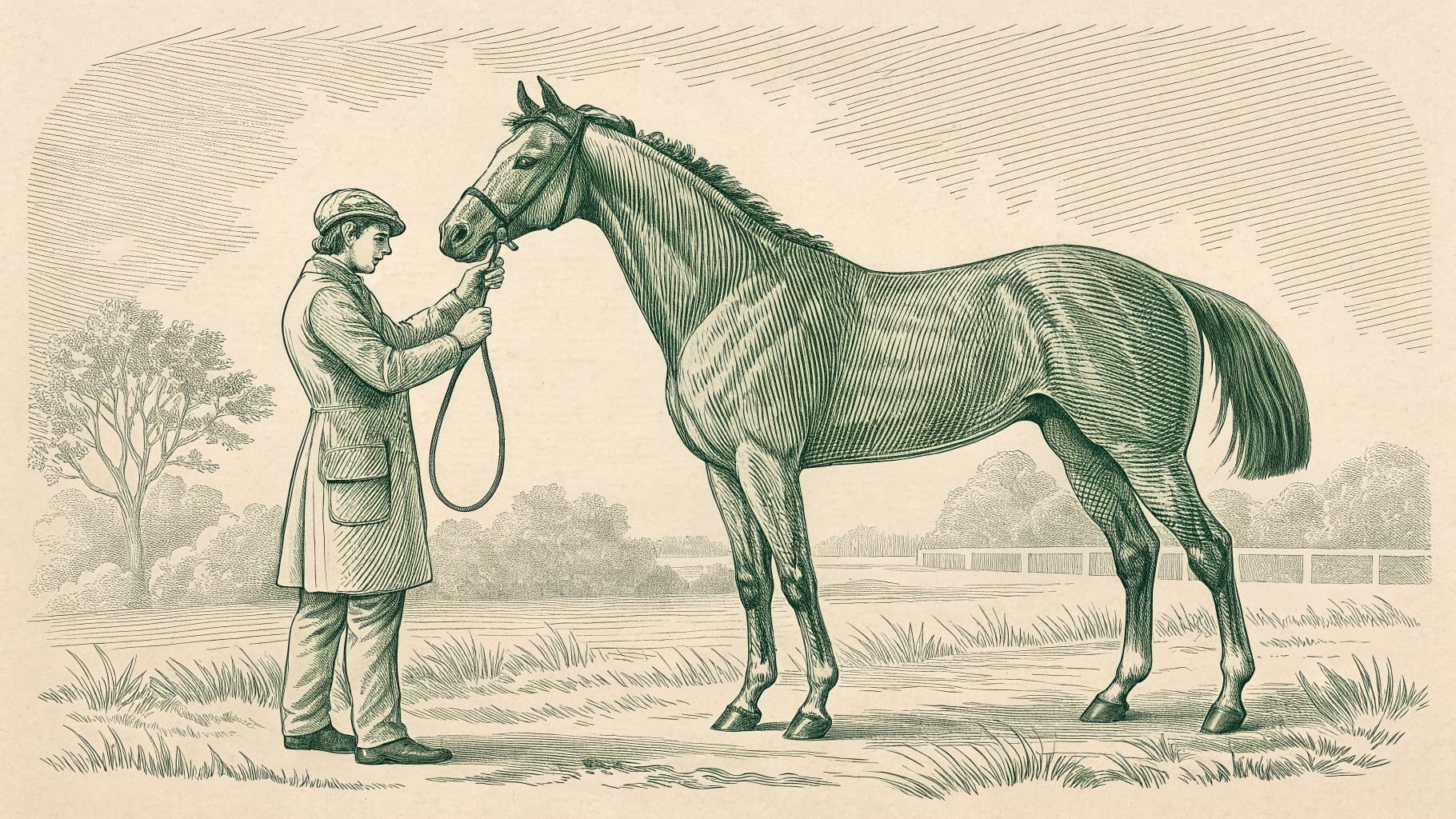 Heritage engraving of an unsaddled polo pony stood up square in hand while a vet in a long coat examines its head