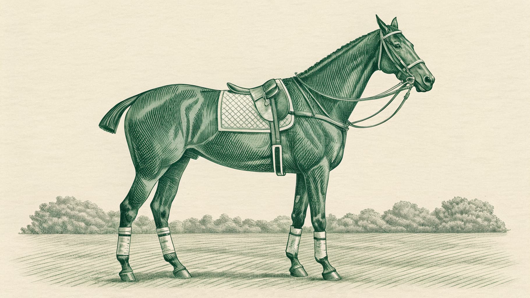 Heritage engraving of a polo pony standing in profile, with hogged mane, tied-up tail, breastplate and all four legs in white polo bandages
