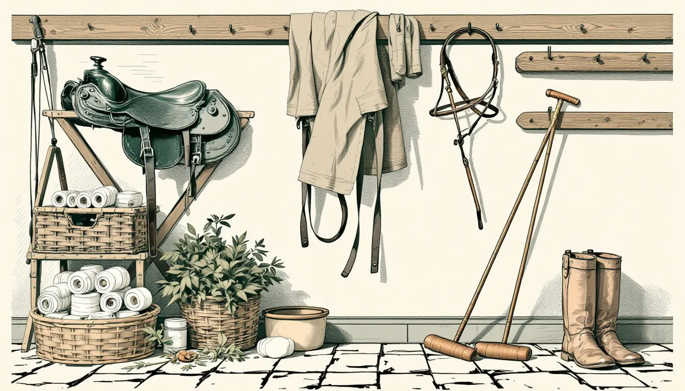 A heritage-style illustration of a polo tack room: an English saddle on its rack, a bridle with breastplate and standing martingale on a peg, baskets of rolled white polo bandages, two bamboo mallets leaning in the corner and brown knee-high boots on the flagstones