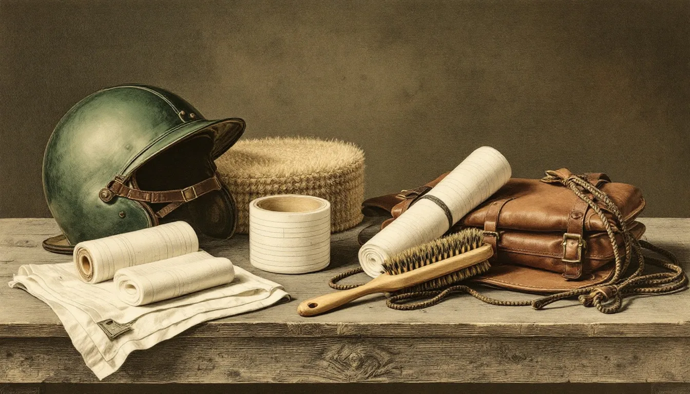 A heritage-style still life of turnout kit on a stable-yard bench: a polo helmet with chin harness, rolled white polo bandages, a folded saddle pad, a body brush and a leather kit bag with lead rope